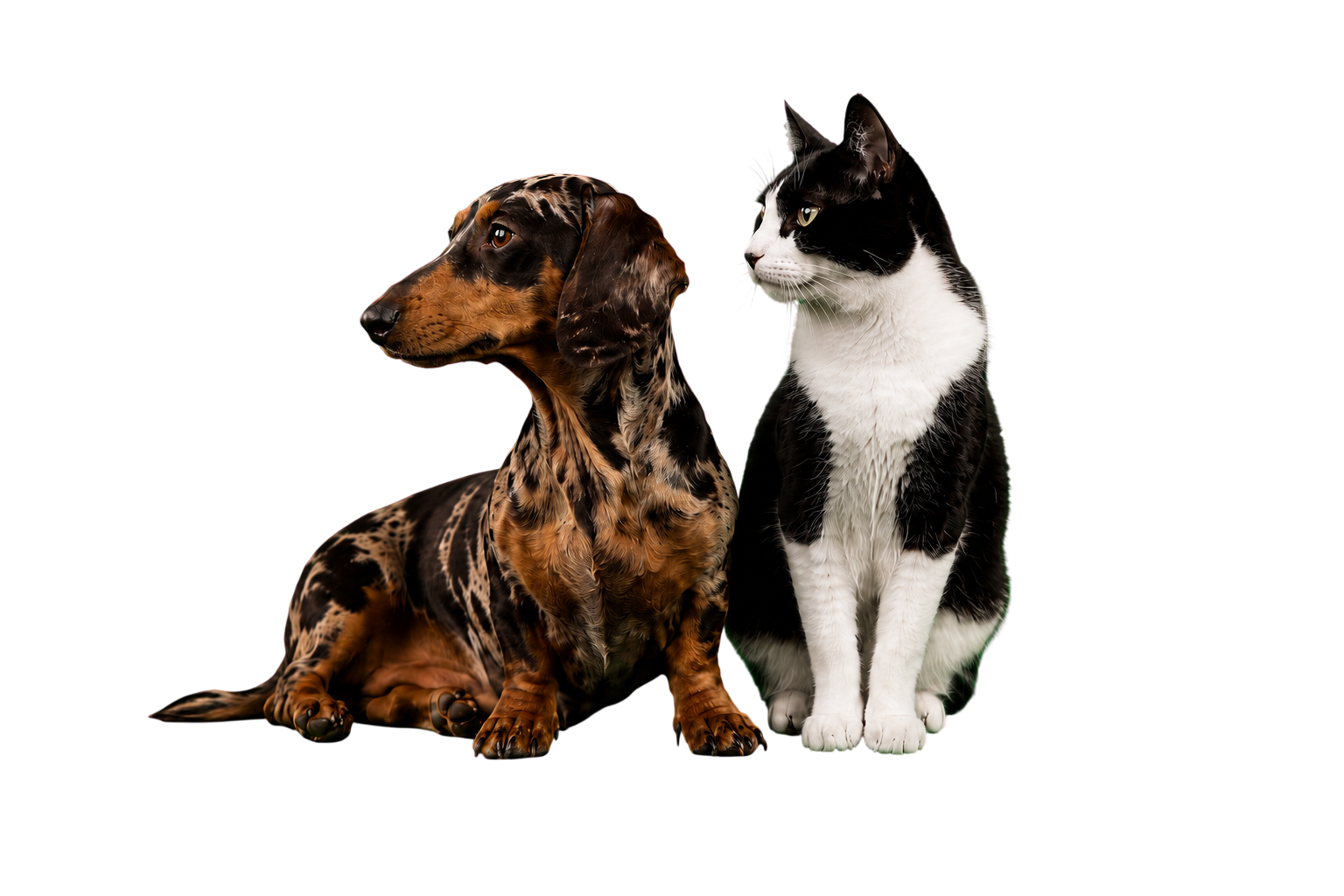 Chien et chat au pelage arlequin dans la nature